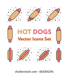 Hot Dog Snack Sausage with Ketchup and Mustard Fast Food Minimal Color Vector Line Icon Collection Set