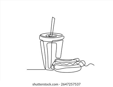 Hot dog and soda in continuous one line art drawing style. Fast food set with drink and hot dog. Street food. Hand drawn one line vector. Editable stroke	