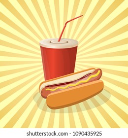 Hot dog and soda cup - cute cartoon colored picture. Graphic design elements for menu, poster, brochure. Vector illustration of fast food for bistro, snackbar, cafe or restaurant