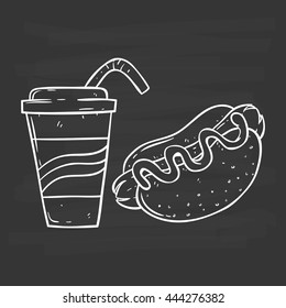 Hot dog with soda cup using doodle art on chalkboard background