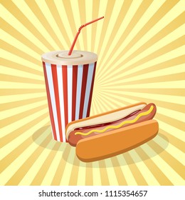 Hot dog with soda in a paper cup - cute cartoon colored picture. Graphic design elements for menu, packaging, advertising, poster, brochure or background. Vector illustration of fast food