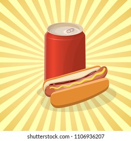 Hot dog with soda in a tin - cute cartoon colored picture. Graphic design elements for menu, packaging, advertising, poster, brochure or background. Vector illustration of fast food