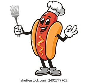 Hot dog with spatula and wearing a chef's hat cartoon mascot illustration character vector clip art