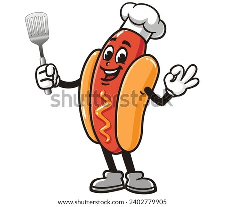 Hot dog with spatula and wearing a chef's hat cartoon mascot illustration character vector clip art