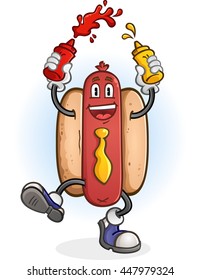 Hot Dog Squirting Ketchup And Mustard Cartoon Character