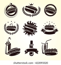 Hot dog stamps and labels set. Vector