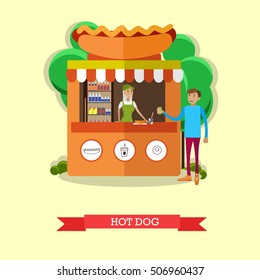 Hot dog stand concept vector poster. City street food business.