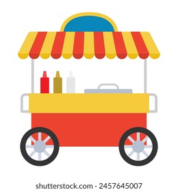 Puesto de Hot dog. Carrito de comida callejera. Ilustración vectorial.