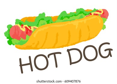 Hot Dog sticker. Vector illustration in watercolor style, for graphic and web design