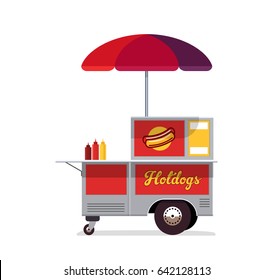 Hot dog street cart. Fast food stand vendor service. Kiosk seller business. Flat style. Vector illustration.