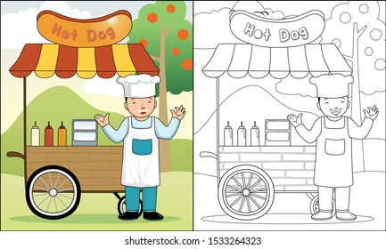 hot dog street cart with seller on nature background, coloring book or page