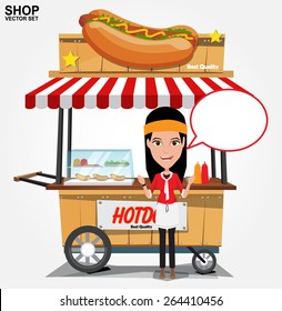 Hot Dog Street Cart With Seller.vector