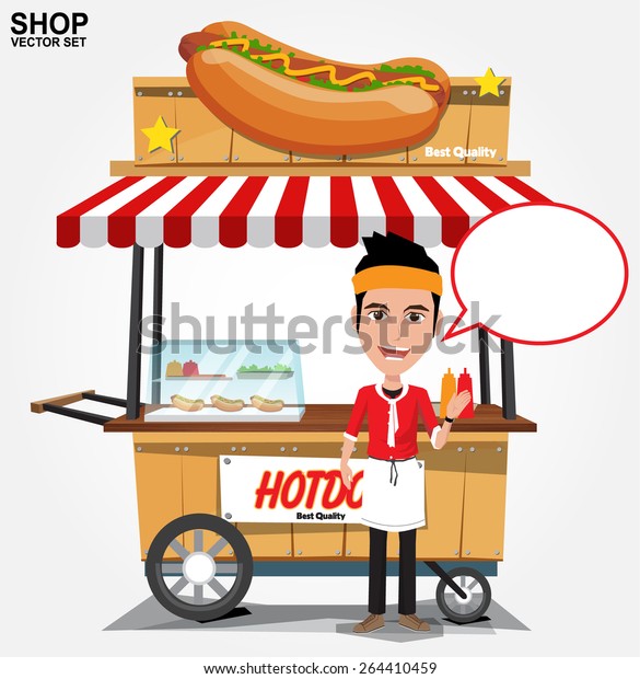 hot dog street cart\
with seller.vector