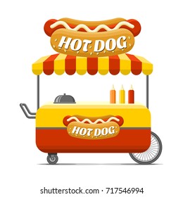 Hot dog street food cart. Colorful vector illustration, cartoon style, isolated on white background