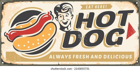 Hot dog street food restaurant sign post. Retro inscription with fast food graphic and happy young man portrait. Vector hotdog illustration.