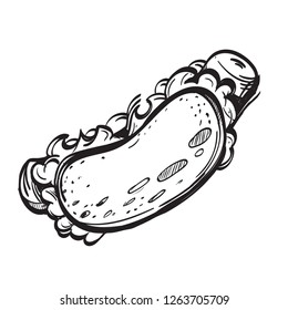 Hot dog street food sausage, lettuce leaf in a bun. Vector black and white drawing.