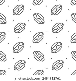 Hot Dog Street Food Seamless Pattern with buns and sausages. Icon vector isolated on white background. For background, menu, invitation.