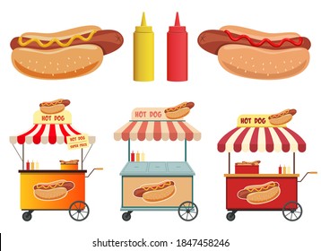 Hot dog street shop, ketchup and mustard vector design illustration isolated on white background