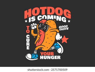 Hot Dog with sunglasses mascot character in running pose, black background