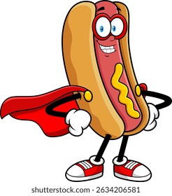 Hot Dog Superhero Cartoon Mascot Character With Red Cape And Mask – Vector Hand Drawn Illustration Isolated On Transparent Background