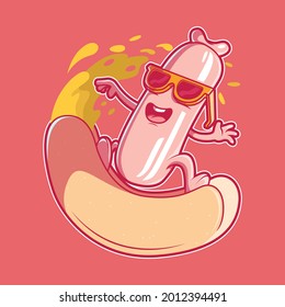 Ilustración vectorial de Hot Dog Surf. Comida, deporte, divertido, concepto de diseño de marca.