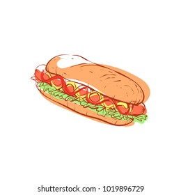 Hot dog. Takeaway street fast food. American hot dog isolated on white background
