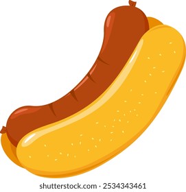 Perro caliente, comida rápida de la calle sabrosa para un bocado. Sándwich de salchicha para comida para llevar. Perro caliente del restaurante de la comida rápida, salchicha asada en bollos del pan. Ilustración vectorial