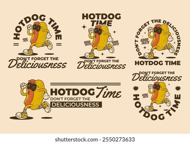 Hora de Hot Dog, no te olvides de la delicia. Antiguas Retro mascota personaje de perro caliente en pose de correr, en 5 tipo