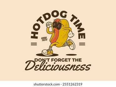 Hora de Hot Dog, no te olvides de la delicia. Antiguas retro mascota personaje de perro caliente en pose de correr