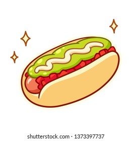 Hot dog with tomato, avocado and mayo. Traditional fast food sandwich, popular in Chile as "Completo Italiano". Cartoon drawing, isolated vector illustration.