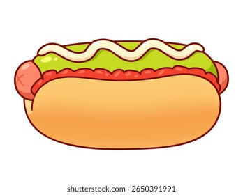 Hot dog with tomato, avocado and mayo. Traditional fast food sandwich, popular in Chile as "Completo Italiano". Cartoon drawing, isolated vector illustration.