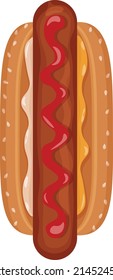 Hot dog top view. An image of a hot dog with sausage, drizzled with ketchup and sprinkled with mustard. Fast food. Vector illustration isolated on a white background.