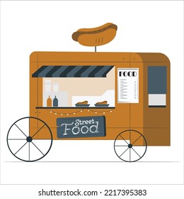 Hot Dog Trailer. Fast Food. Isolated. Vector Illustration. Old Delicious Commercial Food Truck Vehicle - Hot Dog Meals