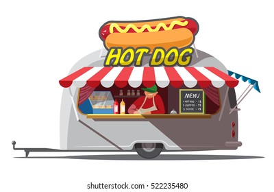 Hot Dog Trailer. Fast Food. Isolated. Vector Illustration