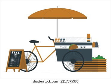 Hot Dog Trailer Illustration With Clipping Path. Food Truck, Hot Dog Truck Icon With Objects. Vector Illustration Street Food Trailer. Mobile Hot Dog Shop.  Caffe Restaurant On Wheels, Transportation