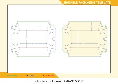 Hot dog tray packaging dieline template with bleed, trim, and crease lines, featuring labeled dimensions of 125mm by 80mm base and 40mm side walls