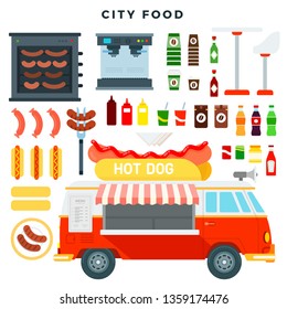 Hot dog truck. Fast food mini van and set of various street food and drink. Street food car, mobile kitchen, restaurant, cafe. Hot dogs, sauces, coffee, cola. Vector illustration in flat style.