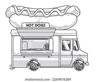 Hot dog truck logotype monochrome with mobile cafe on wheels with large sandwich for delivering street food vector illustration