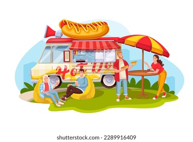 Hot dog truck with people vector illustration. Cartoon owner of street cafe or vendor serving fast food to customer at table in summer park, man and woman sitting in bean bag chair to drink soda