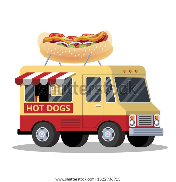 Hot dog truck. Van with tasty snack. Fast food\
transportation. Delicious junk food. Vector illustration in cartoon\
style