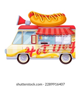 Hot dog truck vector illustration. Cartoon isolated car van with hotdog sandwich with sausage, ketchup and mustard on sign and megaphone on top, street food kiosk cooking tasty snacks in car