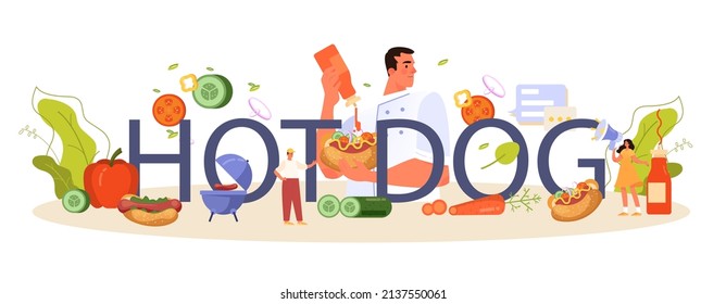 Hot dog typographic header. Unhealthy fast food cooking, american snack with ketchup, bun and sausage. Delicious food with a bun and poured mustard. Flat vector illustration