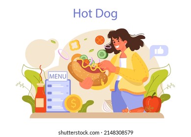 Hot dog. Unhealthy fast food cooking, american snack with ketchup, bun and sausage. Delicious food with a bun and poured mustard. Flat vector illustration
