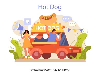 Hot dog. Unhealthy fast food cooking, american snack with ketchup, bun and sausage. Delicious food with a bun and poured mustard. Flat vector illustration