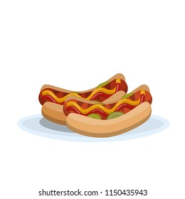 Hot dog. Unhealthy fastfood with ketchup, bun and sausage. Isolated vector flat illustration