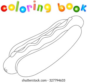 Hot dog unpainted. Coloring book for kids about fast food. Vector illustration