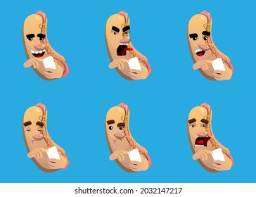 Hot Dog using a mobile phone. American fast food as a cartoon character with face.