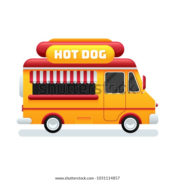 Hot dog van. Fast food truck.Junk food.\
Flat vector illustration.