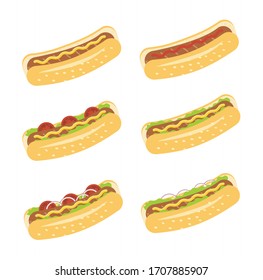 Hot dog variations.  Sausage on bun with tomato, salad, onion and mustard, ketchup. American fast-food. Set of vector flat illustration.