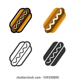 Hot dog vector cartoon, colored, contour and silhouette styles icon set. Tasty fast food unhealthy meal. Isolated dishes on white background.